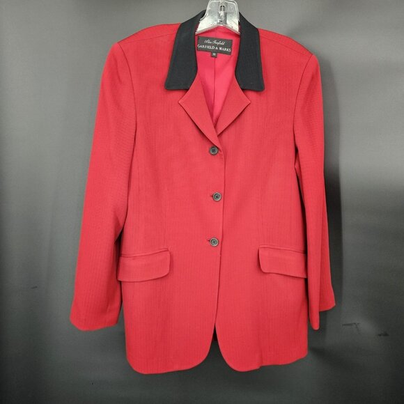 Garfield Marks Blazer Jacket Womens 12 Red Black Collar 4 Button Holiday USA - Picture 1 of 14